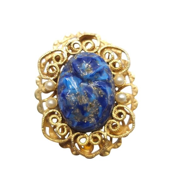 Vintage Victorian Style Gold Plated Brooch With Faux Pearl Lapis Filigree Design - Picture 1 of 4